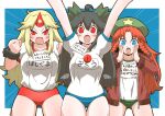  3girls ahoge arms_up beret black_hair blonde_hair blue_buruma blue_eyes border bow braid buruma chain cheering commentary_request cowboy_shot cuffs green_buruma green_headwear grey_wings gym_shirt gym_uniform hair_between_eyes hair_bow hands_up hat hat_ornament hong_meiling horns hoshiguma_yuugi jacket legs_apart long_hair long_sleeves looking_at_viewer mini_wings multiple_girls oni open_clothes open_jacket open_mouth outside_border outstretched_arms red_buruma red_eyes red_hair reiuji_utsuho shackles shirt shirt_tucked_in short_sleeves single_horn star_(symbol) star_hat_ornament thigh_gap third_eye touhou translation_request twin_braids unzipped v-shaped_eyebrows very_long_hair white_border white_shirt wings zannen_na_hito zipper zipper_pull_tab 