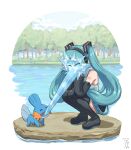  1girl aqua_hair aqua_nails artist_name boots bush closed_eyes commentary crossover dated detached_sleeves digiral hatsune_miku headphones highres long_hair mudkip pokemon pokemon_(creature) signature spraying squatting symbol-only_commentary thigh_boots tree twintails vocaloid water 