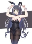  1girl animal_ear_fluff animal_ears arms_up black_bow black_bowtie black_hair black_leotard black_pantyhose bow bowtie cat_ears cat_girl cat_tail covered_navel detached_collar fake_animal_ears green_eyes highleg highleg_leotard highres karyl_(princess_connect!) leotard long_hair maxwelzy multicolored_hair open_mouth pantyhose paw_tattoo playboy_bunny princess_connect! rabbit_ears solo strapless strapless_leotard streaked_hair tail thighband_pantyhose two-tone_hair white_hair wrist_cuffs 