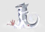  2022 ambiguous_gender anthro claws countershade_face countershade_legs countershade_tail countershade_torso countershading curled_tail digitigrade feet fur grey_background grey_body grey_fur hands_between_legs ishimaurell looking_at_viewer markings pawpads pink_pawpads pupils red_eyes red_markings sergal signature simple_background sitting slit_pupils smile solo spread_toes tail tail_tuft toe_claws toes tuft white_body white_claws white_countershading white_fur white_tail_tuft 