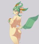  2023 anthro areola digital_media_(artwork) dipstick_ears dipstick_tail eeveelution female fur generation_4_pokemon gloves_(marking) green_areola green_hair hair hi_res leaf leaf_ears leaf_hair leaf_tail leafeon looking_at_viewer looking_back looking_back_at_viewer markings multicolored_ears nintendo plant plant_hair pokemon pokemon_(species) pseudo_hair shaded smile solo tail tail_markings tan_body tan_fur vinael yellow_eyes 