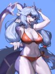  anthro aquatic_dragon aruri blue_hair clothing dragon female hair hi_res marine multicolored_body outside red_eyes simple_background skimpy_bikini smile solo swimwear two_tone_body woobin94 