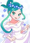  1girl :d alternate_costume arutarika_(ri_kaoekaki) blush clothes_lift collarbone commentary_request dress dress_lift eyelashes flower_wreath green_eyes green_hair head_tilt lifted_by_self lisia_(pokemon) nemophila_(flower) off-shoulder_dress off_shoulder open_mouth pokemon pokemon_(game) pokemon_oras ponytail sidelocks smile solo teeth tongue upper_teeth_only white_dress 