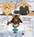  absurd_res anthro big_breasts bovid breasts brown_hair canid canine caprine cleavage clothed clothing comic dialogue dreamy_pride duo female fur hair hi_res huge_breasts male mammal mature_female severa_tettona yellow_body yellow_fur 