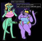  3_toes 4_fingers alley anthro areola balls barely_visible_areola barely_visible_nipples belly big_breasts black_background black_hair black_pawpads blonde_hair blush blush_lines bottomless bratty_(undertale) breasts bulging_breasts butt catty_(undertale) circumcised clothed clothing crocodile crocodilian crocodylid crossgender dialogue domestic_cat drill_curls duo english_text erection eyelashes eyes_closed feet felid feline felis female fingers fti_crossgender fur genitals gesture green_balls green_body green_penis green_skin gynomorph hair highlights_(coloring) intersex lipstick long_hair long_penis long_tail looking_away makeup mammal navel nipples on_one_leg outline overalls overweight overweight_anthro overweight_female pawpads penis purple_areola purple_body purple_fur raised_tail red_lipstick reptile saggy_balls scaled_penis scales scalie sharp_teeth side_butt simple_background size_difference smile standing surprise tail teeth text text_box thick_thighs toes topwear topwear_only undertale undertale_(series) v_sign white_outline wide_eyed xenopavilia yellow_sclera 