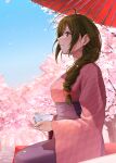  absurdres ahoge blush breasts brown_hair cherry_blossoms cup falling_petals highres holding holding_cup idolmaster idolmaster_shiny_colors japanese_clothes kaiso_(kaisooekaki) kimono kuwayama_chiyuki large_breasts looking_afar outdoors petals pink_kimono profile smile 