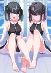  2girls :d absurdres ahoge arm_support bare_shoulders barefoot black_dress black_hair blue_eyes blue_hair blue_nails blush breasts closed_mouth commentary_request crossed_bangs dress elbow_gloves feet foot_focus frilled_dress frills gloves godai_01 hair_between_eyes highres knees_up legs looking_at_viewer medium_breasts multicolored_hair multiple_girls nail_polish open_mouth original pink_eyes pink_hair pink_nails ringed_eyes shadow sitting sleeveless sleeveless_dress smile soles streaked_hair tile_floor tiles toenail_polish toenails toes twintails white_gloves window 