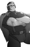  1boy arm_hair around_crotch bara beard_stubble bulge bulge_lift cross_scar crossed_arms facial_hair feet_out_of_frame goggles gradient_skin highres kansuke_(kansuke_717) large_bulge large_pectorals live_a_hero male_focus mature_male multicolored_hair muscular muscular_male pectoral_lift pectorals scar scar_on_cheek scar_on_face scar_on_forehead short_hair solo spot_color streaked_hair stubble suspenders thick_thighs thighs tusks undercut yoshiori_(live_a_hero) 