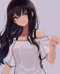  1girl bangs bare_shoulders black_hair breasts clenched_hand collarbone grey_background grey_eyes hair_between_eyes hand_up highres hinomaru_(futagun) long_hair looking_at_viewer medium_breasts off-shoulder_shirt off_shoulder original parted_lips shirt short_sleeves simple_background smile solo upper_body very_long_hair white_shirt 