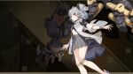  1girl bare_legs black_headwear chinese_commentary covered_navel drill_hair earrings grey_hair grey_skirt highres honkai_(series) honkai_impact_3rd jacket jewelry mechanical_arms official_art official_wallpaper open_clothes open_hands open_jacket parted_lips prometheus_(honkai_impact) red_eyes simple_background skirt solo white_jacket white_sleeves 