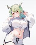  1girl absurdres breasts brown_eyes ceres_fauna commentary cowboy_shot crop_top green_hair grey_background head_tilt highres hololive jacket koahri large_breasts leaf long_sleeves midriff navel off_shoulder open_clothes open_jacket revision shirt short_hair short_shorts shorts solo standing stomach thighs turtleneck_shirt white_jacket white_shirt white_shorts 