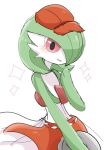  1girl apron blush bob_cut cabbie_hat clothed_pokemon colored_skin commentary_request flat_chest gardevoir green_hair green_skin hair_over_one_eye hand_to_own_mouth hand_up happy hat highres holding holding_tray jpeg_artifacts looking_at_viewer multicolored_skin one_eye_covered open_mouth partial_commentary pokemon pokemon_(creature) red_apron red_eyes red_headwear short_hair simple_background sketch smile solo sparkle standing suzu_(pixiv_32232702) tray two-tone_skin upper_body waist_apron white_background white_skin 