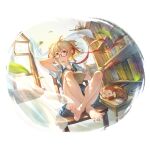  1girl ahoge alpha_transparency andira_(granblue_fantasy) animal_ears arm_up armpits barefoot bespectacled blonde_hair blush book bookshelf chair curtains day erune feet full_body glasses granblue_fantasy holding holding_book indoors leaf long_hair minaba_hideo monkey monkey_ears monkey_girl monkey_tail official_art red_eyes school_uniform semi-rimless_eyewear short_hair short_sleeves sitting skirt tail transparent_background two_side_up under-rim_eyewear window 