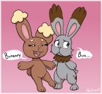  2023 blush brown_body brown_fur buneary bunnelby dialogue duo english_text eyes_closed female feral fur generation_4_pokemon generation_6_pokemon genitals grey_body grey_fur hand_holding heshieokf hi_res lagomorph looking_away mammal nintendo pink_background pokemon pokemon_(species) pussy signature simple_background text 