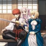  1boy 1girl 2girls ahoge ainu_clothes architecture artoria_pendragon_(fate) blonde_hair blush bow braid breasts covered_abs dress east_asian_architecture emiya_shirou excalibur_(fate/stay_night) fate/grand_order fate/stay_night fate_(series) fingerless_gloves gloves green_eyes hair_bow hair_ribbon hairband holding holding_sword holding_weapon igote illyasviel_von_einzbern japanese_clothes leg_warmers long_hair long_sleeves multiple_girls nagatekkou open_mouth orange_hair outdoors pink_hairband purple_bow purple_gloves purple_hairband purple_scarf red_eyes red_hair ribbon rope saber scarf senji_muramasa_(fate) senji_muramasa_(second_ascension)_(fate) shimenawa shoori_(migiha) short_hair sitonai_(fate) smile sword very_long_hair weapon white_hair wide_sleeves yellow_eyes 