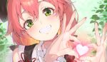  absurdres green_eyes hair_between_eyes heart highres hololive kakage pink_hair sakura_miko smile teeth virtual_youtuber 