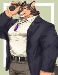  1boy animal_hands bara belt black_belt black_coat brown_pants coat dog_boy eyewear_on_head highres holding holding_eyewear jewelry live_a_hero looking_at_viewer male_focus multicolored_fur necklace omochi_kuitai pants pubraseer_(live_a_hero) shirt solo white_shirt 