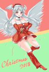  1girl 2018 :d angel_wings bare_shoulders christmas cleaver collarbone dress elbow_gloves final_fantasy final_fantasy_tactics fur-trimmed_dress fur-trimmed_gloves fur-trimmed_thighhighs fur_choker fur_trim gloves grey_hair hat head_wings highres long_hair looking_at_viewer red_dress red_eyes red_footwear red_gloves red_headwear red_thighhighs santa_hat sleeveless sleeveless_dress smile solo strapless strapless_dress takomeshi thighhighs ultima_(fft) wings 