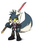  2023 5_fingers anthro biped black_nose blue_body blue_fur clothed clothing fingers fluffy fluffy_tail front_view full-length_portrait fully_clothed fur ghosttidraw grin hi_res holding_object holding_sword holding_weapon idw_publishing katana looking_at_viewer male mammal melee_weapon mephitid multicolored_body multicolored_fur necktie portrait red_eyes rough_the_skunk sega sharp_teeth simple_background skunk smile solo sonic_the_hedgehog_(comics) sonic_the_hedgehog_(idw) sonic_the_hedgehog_(series) standing sword tail teeth two_tone_body two_tone_fur under_night_in-birth weapon white_background white_body white_fur yellow_sclera 