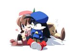  1girl 2boys blue_eyes blue_headwear brown_hair dreaming heart highres kaze_no_klonoa klonoa lolo_(klonoa) multiple_boys oka_(bananashoe) one_eye_closed pink_headwear popka red_footwear sitting yellow_eyes 