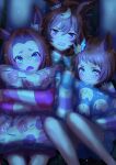  3girls animal_ears biko_pegasus_(umamusume) blanket brown_hair hair_ornament highres horse_ears horse_girl hugging_object kawakami_princess_(umamusume) looking_at_viewer multicolored_hair multiple_girls otono_(bkt4b) scared sharp_teeth shinko_windy_(umamusume) short_hair teeth umamusume watching 