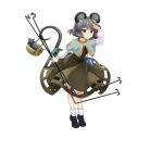  1girl :&lt; animal_ears arm_up basket black_footwear brown_eyes capelet dowsing_rod full_body game_cg grey_capelet grey_shirt grey_skirt highres holding jewelry long_sleeves looking_at_viewer mouse mouse_ears mouse_girl mouse_tail nazrin pendant red_eyes rotte_(1109) shirt short_hair simple_background skirt socks solo tail third-party_source touhou touhou_lost_word white_background white_socks 