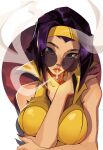  1girl breasts cigarette cowboy_bebop faye_valentine green_eyes hairband headband highres large_breasts lips lipstick looking_at_viewer makeup pimozzarella purple_hair short_hair smoke_trail smoking solo yellow_hairband yellow_headband 