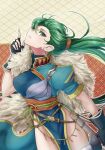  1girl absurdres breasts earrings fingerless_gloves fire_emblem fire_emblem:_the_blazing_blade gloves green_eyes green_hair high_ponytail highres jewelry large_breasts lyn_(fire_emblem) rooru_kyaabetsu scabbard sheath solo thighs upper_body 