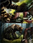  anthro bodily_fluids canid canine canis comic digital_media_(artwork) duo feral forest forest_background fur hair hi_res hyena lemondeer male male/male mammal nature nature_background open_mouth oral_vore paws pinned pinned_to_ground plant saliva size_difference smaller_male striped_hyena teeth tongue tongue_out tree vore wolf 