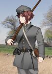  1girl absurdres american_civil_war belt_buckle buckle buttons confederate_states_of_america expressionless grass grey_headwear grey_jacket gun highres holding holding_gun holding_weapon jacket keiita looking_to_the_side military military_uniform musket original red_hair short_hair solo tree uniform weapon 