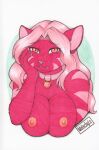  2015 anthro areola atuki big_breasts bite biting_lip biting_own_lip breasts claws collar collar_only domestic_cat eyebrows felid feline felis female front_view green_eyes hair half-length_portrait hand_on_own_cheek hi_res long_hair malachyte mammal nipples nude pink_hair pink_nose pink_stripes portrait pupils red_body simple_background slit_pupils solo stripes white_background 