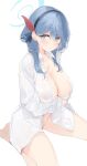  1girl absurdres ako_(blue_archive) alreadyusedpai alternate_costume barefoot blue_archive blue_eyes blue_hair blush breasts cleavage closed_mouth collared_shirt covered_nipples ear_piercing hair_between_eyes hair_ribbon hairband halo highres large_breasts long_sleeves looking_at_viewer naked_shirt open_clothes open_shirt piercing ribbon see-through shirt simple_background sitting solo sweat white_background white_shirt 
