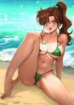  1girl arm_support artist_name bare_shoulders barefoot bikini bishoujo_senshi_sailor_moon breasts brown_hair cleavage collarbone commentary_request covered_nipples day earrings green_bikini green_eyes hair_bobbles hair_ornament high_ponytail highres jewelry kino_makoto knee_up large_breasts long_hair looking_at_viewer navel ocean open_mouth outdoors oyaman signature simple_background sitting smile solo stomach swimsuit thighs toes water 