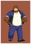  &gt;:( 2023 5_fingers 5_toes absurd_res anthro bear black_bear black_nose blue_bottomwear blue_clothing blue_jacket blue_pants blue_topwear border bottomwear brown_background brown_body brown_fur cheek_tuft chest_markings clothing colored countershade_snout countershading facial_tuft feet fingers footwear fur hand_on_hip hi_res jacket juuichi_mikazuki male mammal markings moon_bear morenatsu pants rolled_up_sleeves sandals shirt simple_background slightly_chubby slightly_chubby_anthro slightly_chubby_male snout solo takichizento tan_body tan_countershading tan_fur tank_top toes topwear tuft ursine white_border white_clothing white_shirt white_tank_top white_topwear 