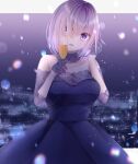  absurdres asymmetrical_bangs bare_shoulders blurry bob_cut bokeh breasts champagne_flute city_lights cleavage cocktail_dress commentary_request cowboy_shot cup depth_of_field detached_collar dress drinking_glass fate/grand_order fate_(series) gloves hair_over_one_eye half_gloves highres holding holding_cup large_breasts light_particles mash_kyrielight mash_kyrielight_(chaldea_dinnertime) night night_sky off-shoulder_dress off_shoulder official_alternate_costume purple_dress purple_eyes purple_hair see-through see-through_cleavage short_hair sky sleeves_past_elbows underbust yua_(bokubo0806) 