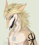  2015 akrolayn anthro arm_tattoo blonde_hair blue_eyes blue_tongue brown_body brown_fur bust_portrait countershading digital_media_(artwork) digital_painting_(artwork) dog_tags fur geodis hair male open_mouth portrait sergal sharp_teeth simple_background smile solo tan_background tan_body tan_countershading tan_fur tan_sclera tattoo teeth tongue tongue_out unavailable_at_source 