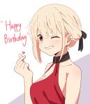  1girl ama_(ama_ekaku) bare_arms bare_shoulders black_choker black_ribbon blonde_hair bob_cut breasts choker cleavage dress finger_heart grey_background grin hair_ribbon hand_up happy_birthday highres light_blush looking_at_viewer lycoris_recoil medium_breasts nishikigi_chisato one_eye_closed red_dress red_eyes ribbon short_hair simple_background sleeveless sleeveless_dress smile solo teeth two-tone_background upper_body white_background 