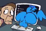  anthro anus avian balls beak big_butt bird blue_body blue_feathers bodily_fluids butt computer duo elon_musk feathers genitals grey_background human male mammal short_tail simple_background sweat sweatdrop tail thatguynamedjoe through_wall twitter twitter_bird twitter_logo x_anus 