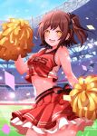  1girl absurdres alternate_costume blush breasts brown_hair confetti cropped_shirt highres holding holding_pom_poms idolmaster idolmaster_million_live! kasuga_mirai looking_at_viewer medium_breasts miniskirt navel one_side_up pleated_skirt pom_pom_(cheerleading) raby_vivid red_shirt red_skirt shirt skirt sleeveless sleeveless_shirt smile solo stadium sweat teeth upper_teeth_only 