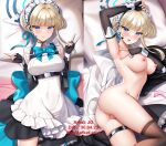  armpits ass blonde_hair blue_archive blue_eyes breasts dakimakura_(medium) highres huge_breasts leg_belt maid nipples presenting_armpit thighhighs toki_(blue_archive) 