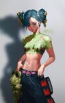  1girl absurdres artist_name belt blue_eyes blue_hair breasts cargo_pants commentary crop_top doll double_bun english_commentary grey_background hair_bun hair_ornament highres looking_at_viewer mashack navel original pants parted_bangs scrunchie shadow short_sleeves small_breasts solo stitches 