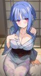  1girl blue_hair blush breasts cleavage closed_mouth collarbone commentary_request floral_print highres ilfa_(to_heart) indoors japanese_clothes kibihimi kimono large_breasts long_sleeves print_kimono purple_eyes robot_ears short_hair_with_long_locks sidelocks smile solo sweat tatami to_heart_(series) to_heart_2 white_kimono wide_sleeves 
