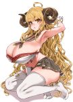  1girl ahoge anila_(granblue_fantasy) arm_up armpits asanagi blonde_hair breasts cleavage curled_horns draph gloves granblue_fantasy highres horns huge_breasts kneeling long_hair looking_at_viewer navel pleated_skirt sheep_horns short_eyebrows simple_background skindentation skirt solo thick_eyebrows thighhighs white_background white_gloves white_thighhighs yellow_eyes 