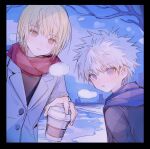  2boys black_border black_jacket blonde_hair blue_eyes blush border brown_eyes closed_mouth cup day disposable_cup grey_jacket highres holding hunter_x_hunter jacket kiko killua_zoldyck kurapika long_sleeves looking_at_viewer male_focus multiple_boys outdoors parted_lips red_scarf scarf snow tree upper_body white_hair 