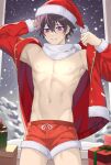  1boy black_hair blanc1771 earrings hat highres indie_virtual_youtuber jacket jewelry long_sleeves male_focus navel nipples purple_eyes red_jacket red_shorts santa_hat scarf short_hair shorts shoto_(vtuber) snow solo teeth topless_male virtual_youtuber 