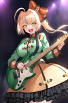  1girl ahoge blonde_hair blush breasts fate/grand_order fate_(series) green_eyes green_shirt guitar hair_between_eyes hair_intakes hair_ornament highres instrument large_breasts long_hair long_sleeves looking_at_viewer nero_claudius_(fate) nero_claudius_(lostroom_outfit)_(fate) official_alternate_costume open_mouth orange_skirt plectrum shinsaku_(stan-art) shirt side_ponytail skirt smile solo 