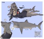  2_tails ambiguous_gender animal_head anthro armband basking_shark big_breasts breasts bugita butt cleavage clothed clothing digital_media_(artwork) duo ear_piercing ear_ring english_text female feral fin fingers fish for_a_head gills grey_body grey_eyes grey_skin hat headgear headwear hi_res human lamniform looking_back lying mammal marine multi_tail notched_tail open_mouth piercing question_mark rear_view ring_piercing shark simple_background size_difference speech_bubble tail text text_on_armwear text_on_clothing white_clothing white_hat white_headwear 