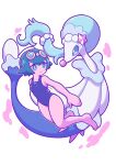  1girl bare_arms barefoot bear_ringer breasts bright_pupils closed_mouth collarbone commentary_request eyelashes goggles goggles_on_head green_hair highres lana_(pokemon) legs one-piece_swimsuit pokemon pokemon_(creature) pokemon_(game) pokemon_sm primarina smile swimsuit toes white_background white_pupils 