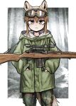  1girl absurdres animal_ear_fluff animal_ears brown_eyes brown_hair camouflage camouflage_pants closed_mouth commentary_request goggles goggles_on_head green_jacket green_pants gun hair_between_eyes hands_in_pockets highres hood hood_down hooded_jacket jacket long_sleeves looking_at_viewer original pants puffy_long_sleeves puffy_sleeves rifle scope sidelocks solo standing tail weapon weapon_request yihan_world 