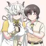  1boy 1girl black_horns blush breasts brown_eyes brown_ribbon captain_(kemono_friends) closed_eyes dress failure finger_heart gloves grey_horns hair_over_one_eye heart heart_hands heart_hands_duo heart_hands_failure horns huge_breasts kemono_friends kemono_friends_3 long_hair looking_at_viewer meme mukouyama_mu multicolored_horns ox_ears ox_girl ox_horns rejection ribbon shirt short_hair short_sleeves smile thumbs_up twintails very_long_hair white_hair yak_(kemono_friends) yellow_shirt 